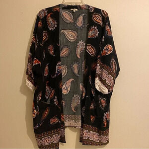 Women’s Kari Lightweight Kimono Open Front Cover Up Black Pockets Size S
